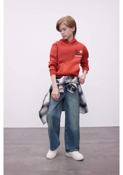 Erkek Çocuk Cepli Yazı Baskılı Kapüşonlu Okul Sweatshirt C7567A824WN