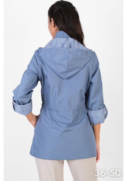 Goudot Kapüşonlu Mevsimlik Parka – Beli Büzgülü, Çıtçıt Detaylı İNDİGO