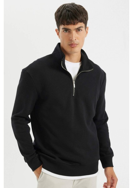 Comfort Regular Fit Rahat Kalıp Fermuarlı Dik Yaka Basic Düz Sweatshirt X7405AZ24AU