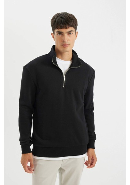 Comfort Regular Fit Rahat Kalıp Fermuarlı Dik Yaka Basic Düz Sweatshirt X7405AZ24AU
