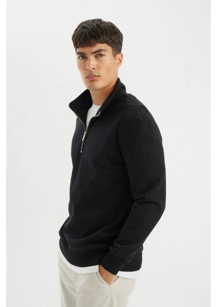 Comfort Regular Fit Rahat Kalıp Fermuarlı Dik Yaka Basic Düz Sweatshirt X7405AZ24AU