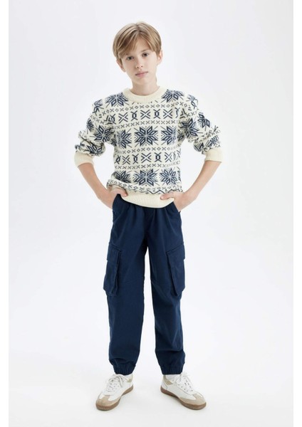 Erkek Çocuk Kargo Cepli Beli Bağcıklı Lastikli Paça Lacivert Jogger Gabardin Pantolon C6623A824AU