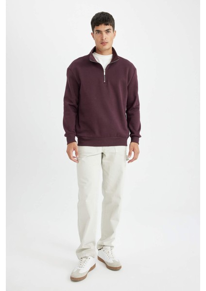 Comfort Regular Fit Rahat Kalıp Fermuarlı Dik Yaka Basic Düz Sweatshirt X7405AZ24AU