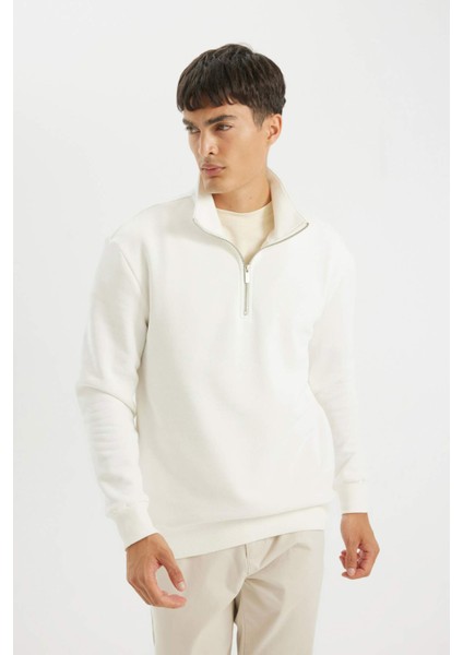 Comfort Regular Fit Rahat Kalıp Fermuarlı Dik Yaka Basic Düz Sweatshirt X7405AZ24AU