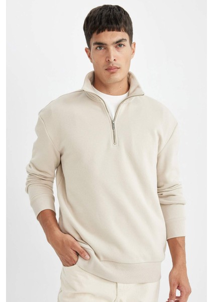 Comfort Regular Fit Rahat Kalıp Fermuarlı Dik Yaka Basic Düz Sweatshirt X7405AZ24AU