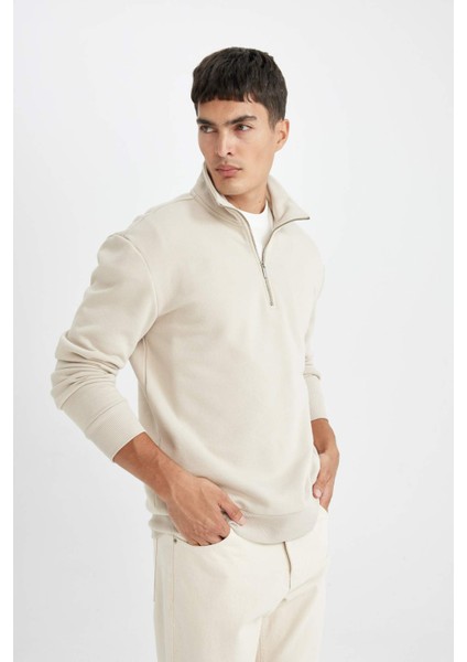 Comfort Regular Fit Rahat Kalıp Fermuarlı Dik Yaka Basic Düz Sweatshirt X7405AZ24AU