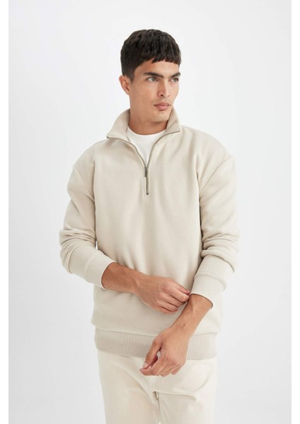 Comfort Regular Fit Rahat Kalıp Fermuarlı Dik Yaka Basic Düz Sweatshirt X7405AZ24AU