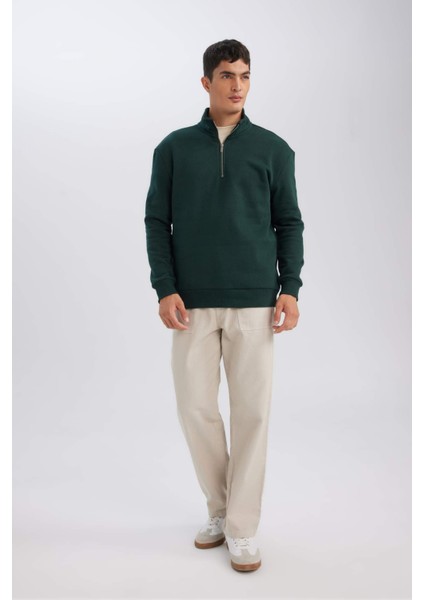Comfort Regular Fit Rahat Kalıp Fermuarlı Dik Yaka Basic Düz Sweatshirt X7405AZ24AU
