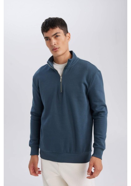 Comfort Regular Fit Rahat Kalıp Fermuarlı Dik Yaka Basic Düz Sweatshirt X7405AZ24AU