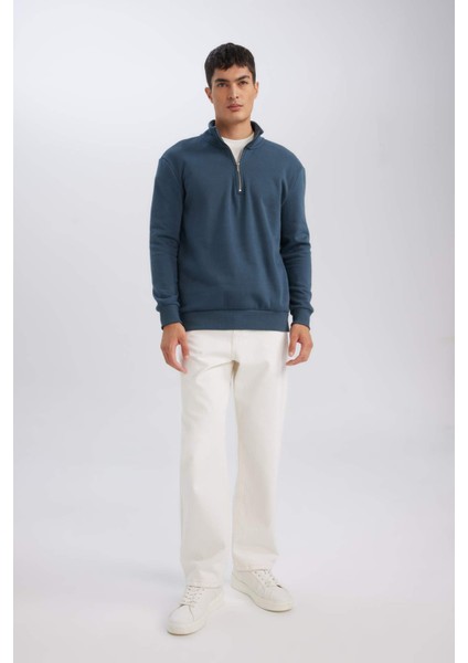 Comfort Regular Fit Rahat Kalıp Fermuarlı Dik Yaka Basic Düz Sweatshirt X7405AZ24AU