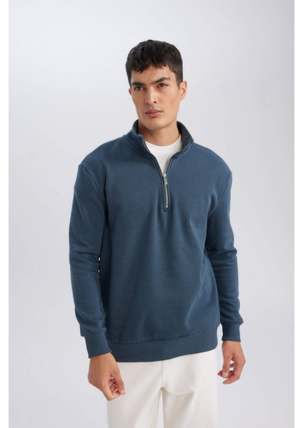 Comfort Regular Fit Rahat Kalıp Fermuarlı Dik Yaka Basic Düz Sweatshirt X7405AZ24AU