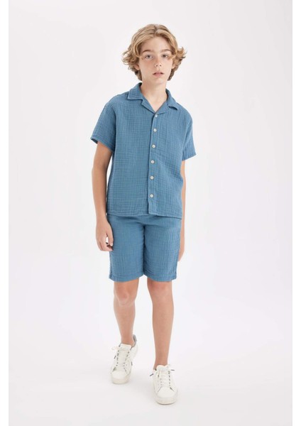 Erkek Çocuk Oversize Geniş Kalıp Polo Yaka Müslin Kısa Kollu Gömlek W3239A624HS