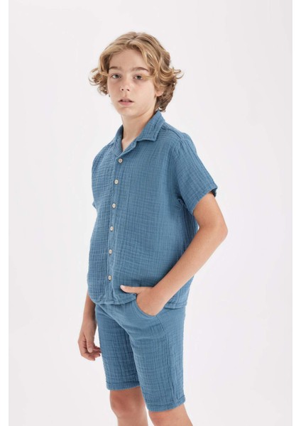 Erkek Çocuk Oversize Geniş Kalıp Polo Yaka Müslin Kısa Kollu Gömlek W3239A624HS