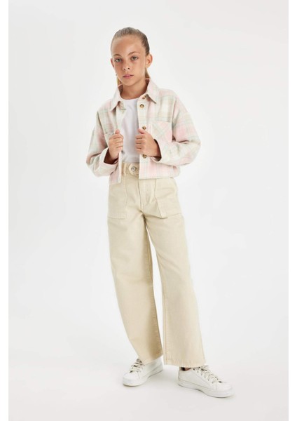 Kız Çocuk Wide Leg Geniş Bol Paça Cepli Pamuklu Bej Okul Pantolonu