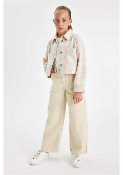 Kız Çocuk Wide Leg Geniş Bol Paça Cepli Pamuklu Bej Okul Pantolonu