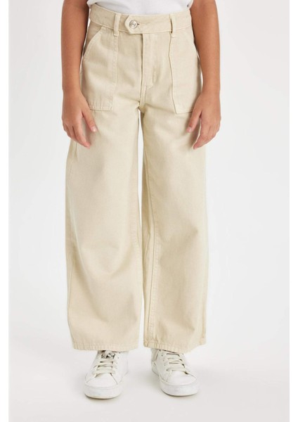 Kız Çocuk Wide Leg Geniş Bol Paça Cepli Pamuklu Bej Okul Pantolonu