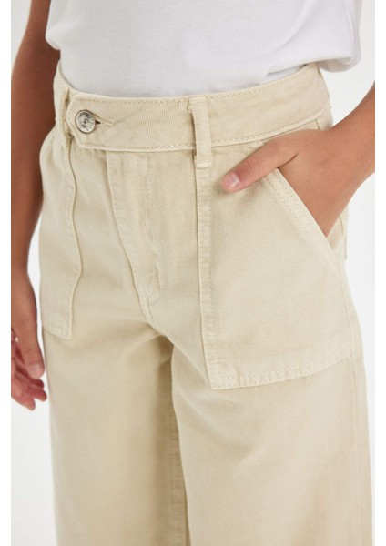 Kız Çocuk Wide Leg Geniş Bol Paça Cepli Pamuklu Bej Okul Pantolonu