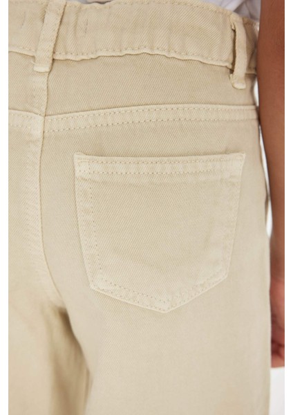 Kız Çocuk Wide Leg Geniş Bol Paça Cepli Pamuklu Bej Okul Pantolonu