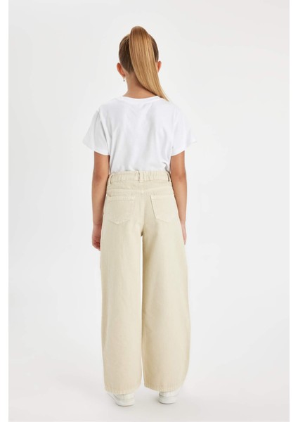Kız Çocuk Wide Leg Geniş Bol Paça Cepli Pamuklu Bej Okul Pantolonu