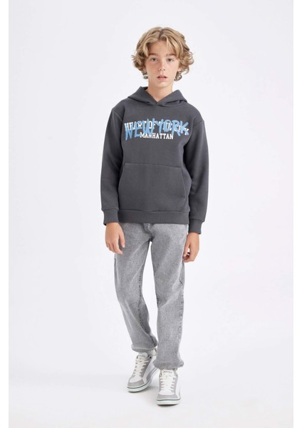 Erkek Çocuk Gri Kapüşonlu Cepli Sırt Baskılı Sweatshirt C9785A824AU