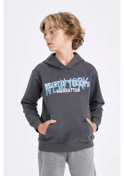 Erkek Çocuk Gri Kapüşonlu Cepli Sırt Baskılı Sweatshirt C9785A824AU