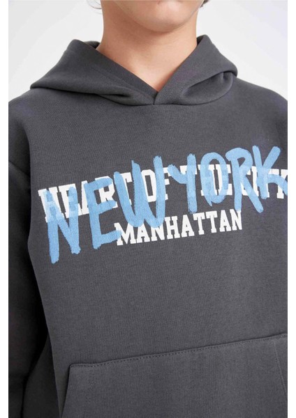 Erkek Çocuk Gri Kapüşonlu Cepli Sırt Baskılı Sweatshirt C9785A824AU
