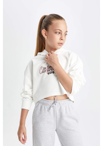 Kız Çocuk Oversize Geniş Kalıp Crop Kapüşonlu Baskılı Sweatshirt D0314A824AU