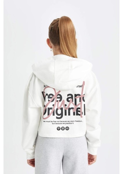 Kız Çocuk Oversize Geniş Kalıp Crop Kapüşonlu Baskılı Sweatshirt D0314A824AU
