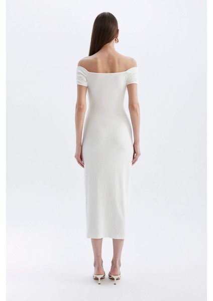 Bodycon Vücudu Saran Omuzu Açık Fitilli Kaşkorse Kolsuz Midi Abiye Elbise D1827AX24HS