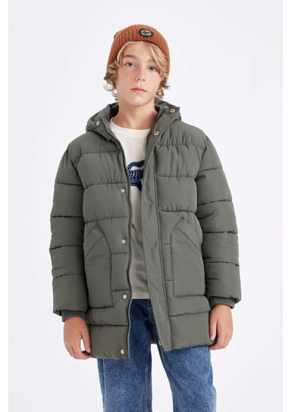 Erkek Çocuk Su İtici Kapüşonlu Fermuarlı Çıtçıt Kapamalı Cepli Parka