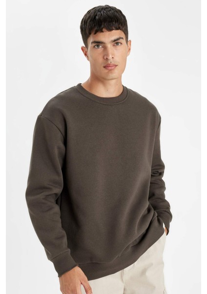 Oversize Geniş Kalıp Bisiklet Yaka Kalın Basic Düz Sweatshirt