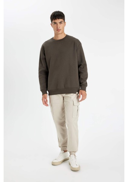 Oversize Geniş Kalıp Bisiklet Yaka Kalın Basic Düz Sweatshirt