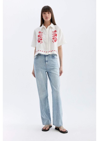 Oversize Geniş Kalıp Nakışlı Müslin Kısa Kollu Gömlek