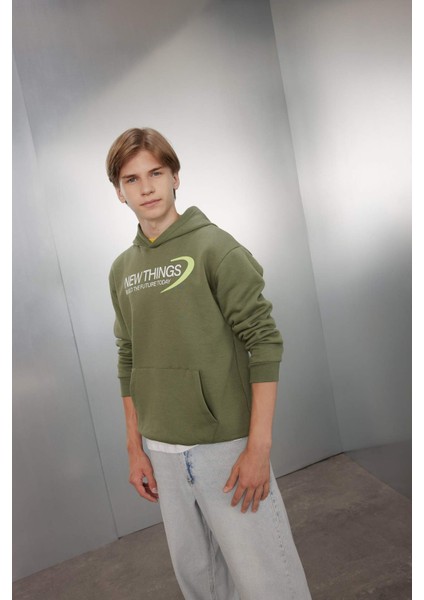 Erkek Çocuk Haki Sırt Baskılı Kapüşonlu Cepli Sweatshirt C9789A824AU
