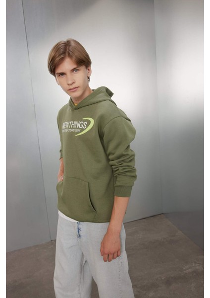 Erkek Çocuk Haki Sırt Baskılı Kapüşonlu Cepli Sweatshirt C9789A824AU