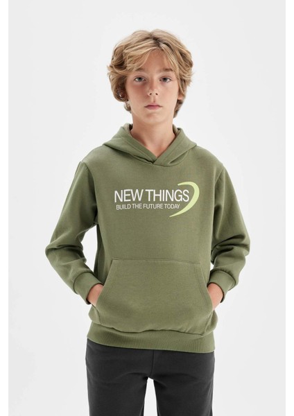 Erkek Çocuk Haki Sırt Baskılı Kapüşonlu Cepli Sweatshirt C9789A824AU