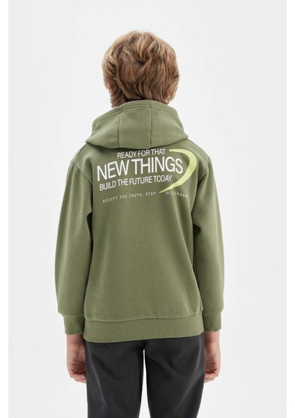 Erkek Çocuk Haki Sırt Baskılı Kapüşonlu Cepli Sweatshirt C9789A824AU