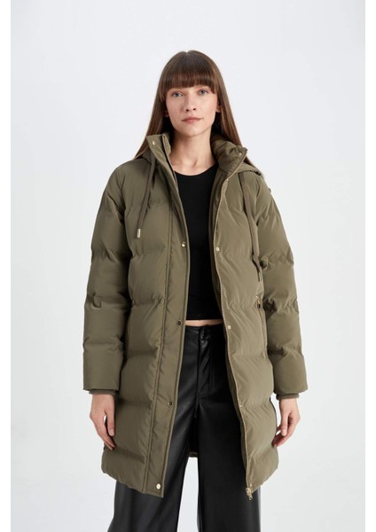 Su Geçirmez Uzun Şişme Mont Parka Kapüşonlu Fermuarlı Çıtçıtlı Cepli C3849AX24WN