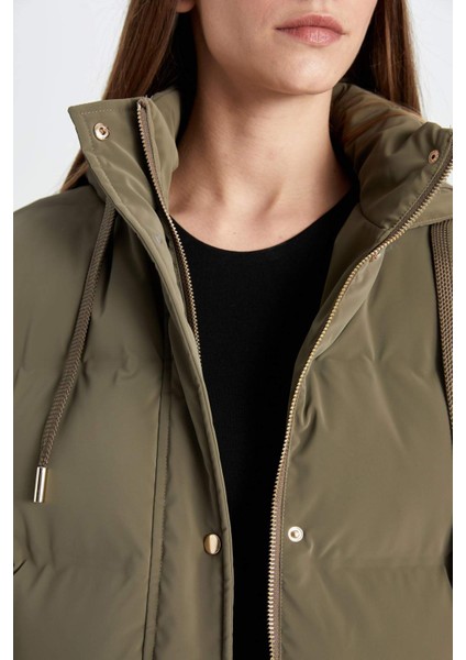 Su Geçirmez Uzun Şişme Mont Parka Kapüşonlu Fermuarlı Çıtçıtlı Cepli C3849AX24WN