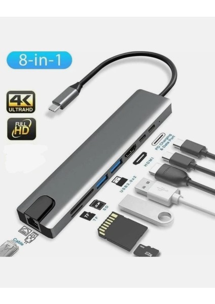 Macbook Pro Air Uyumlu USB Type-C 8 Hub Dönüştürücü Çevirici Çoklayıcı USB Hdmı Micro Sd 8 Girişli indirimleri