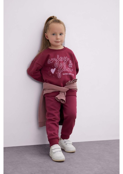 Kız Bebek 2'li Takım Baskılı Bisiklet Yaka Sweatshirt Beli Lastikli Eşofman Altı D0815A524AU