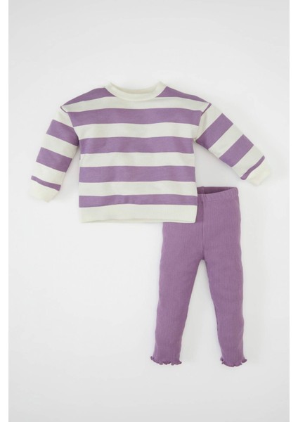 Kız Bebek 2'li Takım Çizgili Sweatshirt Beli Lastikli Tayt D1674A524AU