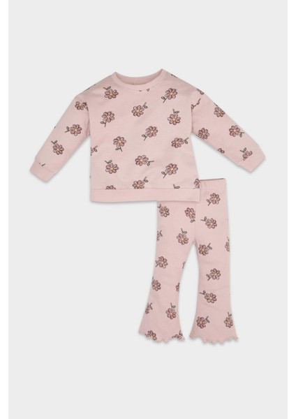 Kız Bebek 2'li Takım Çiçekli Bisiklet Yaka Sweatshirt İspanyol Paça Tayt D1678A524WN