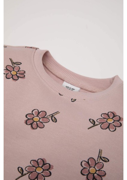 Kız Bebek 2'li Takım Çiçekli Bisiklet Yaka Sweatshirt İspanyol Paça Tayt D1678A524WN