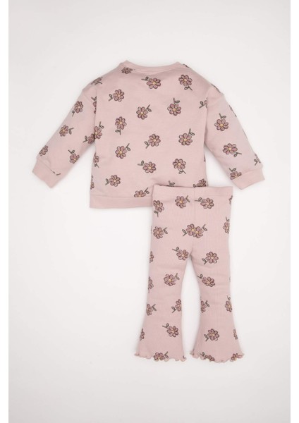Kız Bebek 2'li Takım Çiçekli Bisiklet Yaka Sweatshirt İspanyol Paça Tayt D1678A524WN