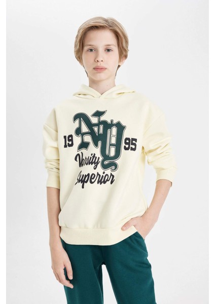 Erkek Çocuk Oversize Geniş Kalıp Kapüşonlu Baskılı Okul Sweatshirt