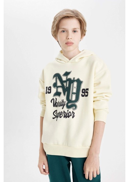 Erkek Çocuk Oversize Geniş Kalıp Kapüşonlu Baskılı Okul Sweatshirt