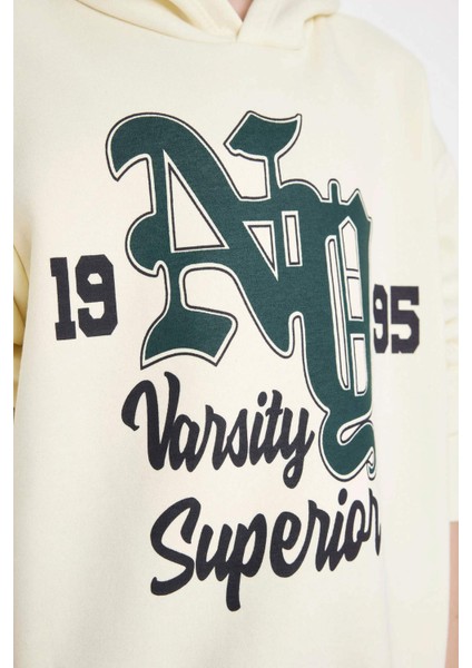 Erkek Çocuk Oversize Geniş Kalıp Kapüşonlu Baskılı Okul Sweatshirt