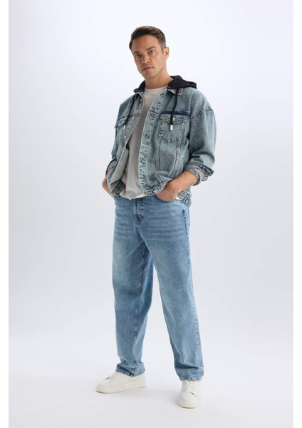 %100 Pamuk Oversize Geniş Kalıp Kapüşonlu Düğmeli Mevsimlik Baharlık Denim Ceket D0417AX24AU