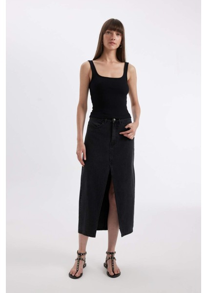 Long Fit Yırtmaçlı Jean Midi Etek D1464AX24WN
